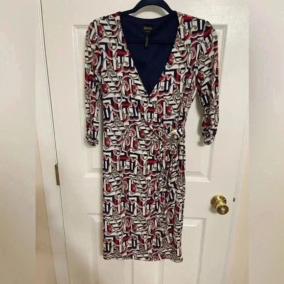 Laundry Shelli Segal Patterned 3/4 Sleeve Faux Wrap Dress Size S - Picture 8 of 14